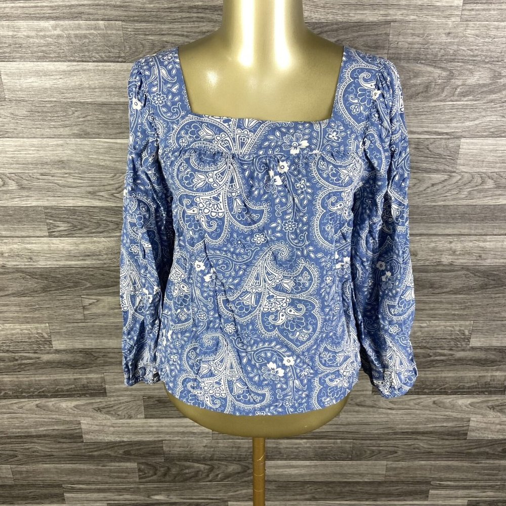 ANN TAYLOR LOFT Square Neck Puff Sleeve Blue Paisley Blouse Top Women's Size L